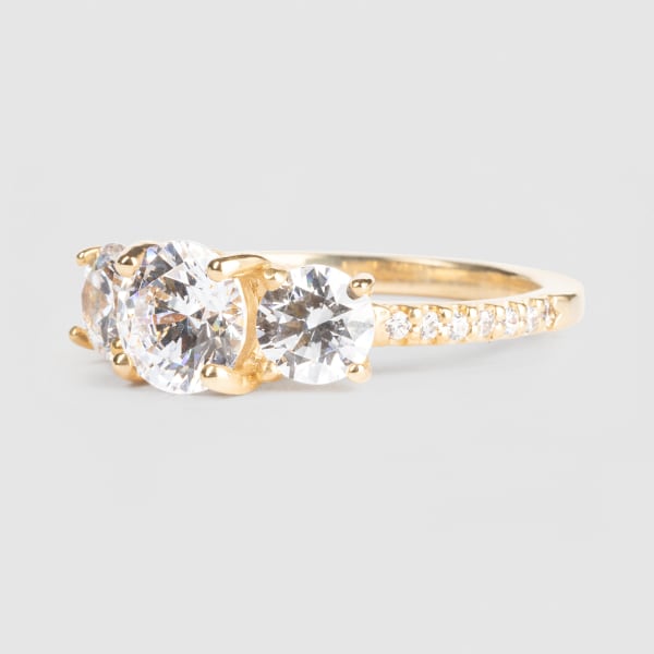 Three Stone Accented Engagement Ring With 1.25 ct Round Center DEW, Ring Size 8.25-9.25, 14K Yellow Gold, Moissanite, Hover,