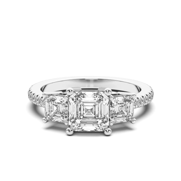 Three Stone Accented Asscher cut Engagement Ring, Default, 14K White Gold,