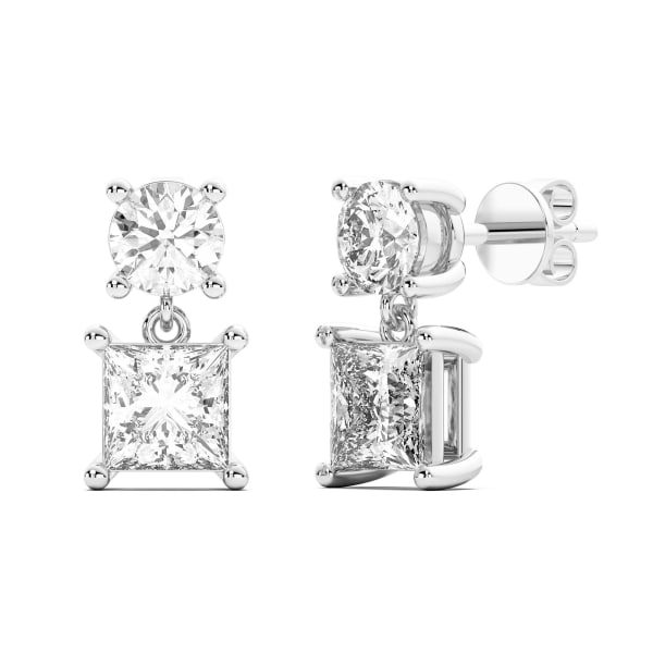 Leto Round-Princess Cut Drop Earrings, 3.00 Ct. Tw., Hover, 14K White Gold,
