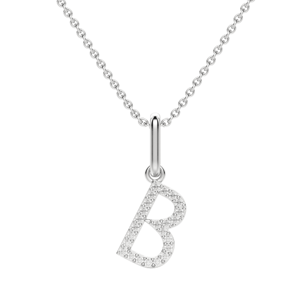"B" Initial Pendant in Lab Grown Diamonds set in 14K Gold with Sterling Silver Cable Chain, Hover, 14K White Gold,