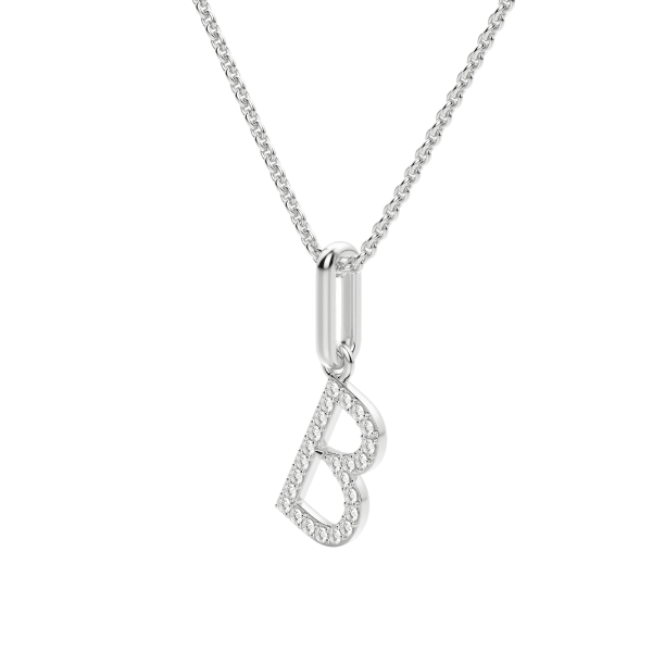 "B" Initial Pendant in Lab Grown Diamonds set in 14K Gold with Sterling Silver Cable Chain, Hover, 14K White Gold,