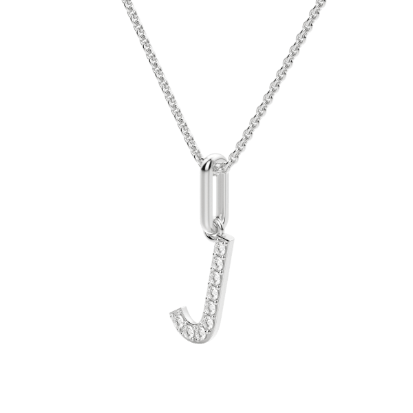 "J" Initial Pendant with Lab Grown Diamonds set in 14K Gold with Sterling Silver Cable Chain, Hover, 14K White Gold,