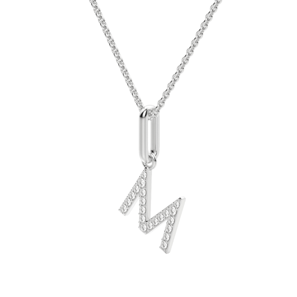 "M" Initial Pendant with Lab Grown Diamonds set in 14K Gold with Sterling Silver Cable Chain, Hover, 14K White Gold,
