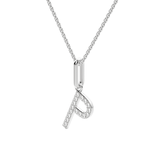 "P" Initial Pendant with Lab Grown Diamonds set in 14K Gold with Sterling Silver Cable Chain, Hover, 14K White Gold,