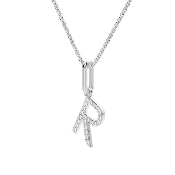 "R" Initial Pendant with Lab Grown Diamonds set in 14K Gold with Sterling Silver Cable Chain, Hover, 14K White Gold,