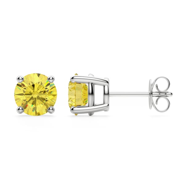 Round Cut Stud Earrings, Canary, Tension Back, Basket Set, 14K White Gold, Hover, 