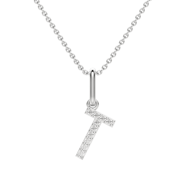 "T" Initial Pendant with Lab Grown Diamonds set in 14K Gold with Sterling Silver Cable Chain, Default, 14K White Gold,