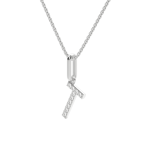 "T" Initial Pendant with Lab Grown Diamonds set in 14K Gold with Sterling Silver Cable Chain, Hover, 14K White Gold,