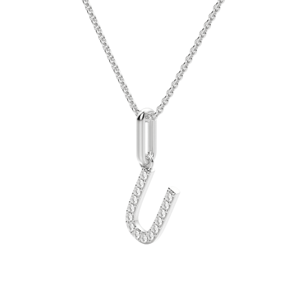 "U" Initial Pendant with Lab Grown Diamonds set in 14K Gold with Sterling Silver Cable Chain, Hover, 14K White Gold,