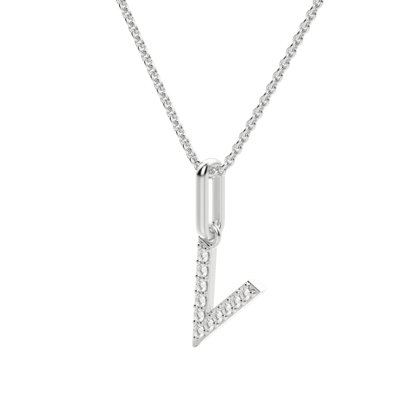 "V" Initial Pendant with Lab Grown Diamonds set in 14K Gold with Sterling Silver Cable Chain, Hover, 14K White Gold,
