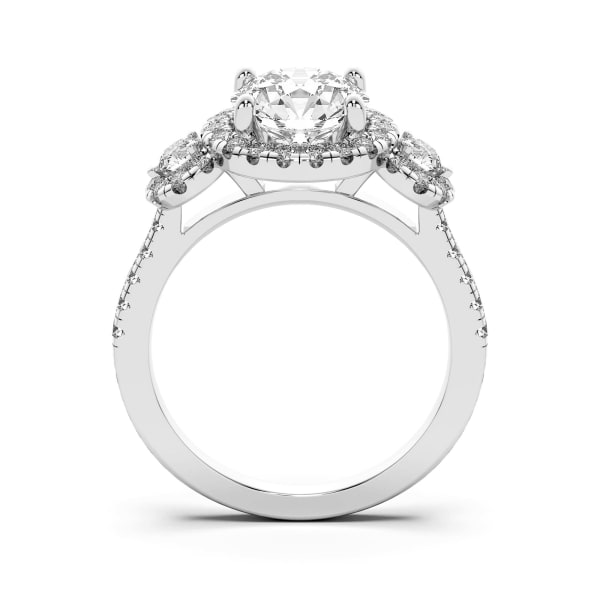Three Stone Halo Round Cut Engagement Ring, Hover, 14K White Gold,