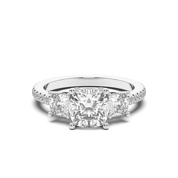 Three Stone Accented Cushion cut Engagement Ring, Default, 14K White Gold,