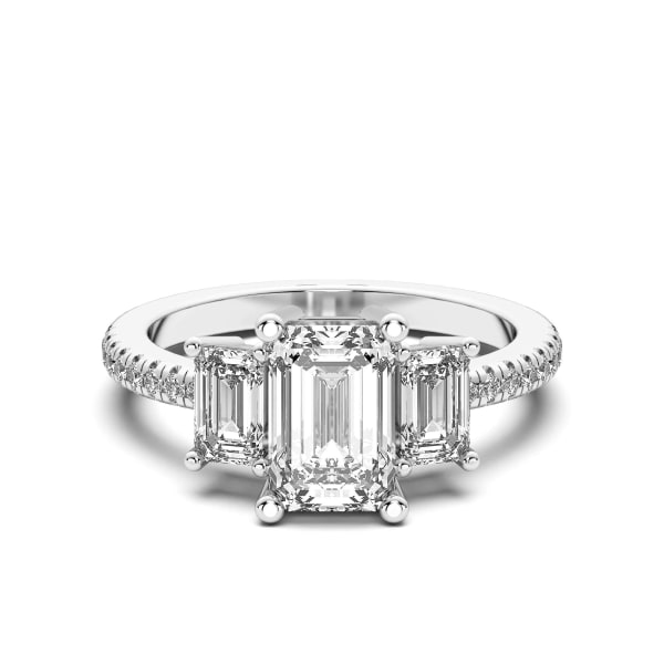 Three Stone Accented Emerald cut Engagement Ring, Default, 14K White Gold,
