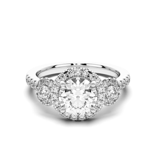 Three Stone Halo Round Cut Engagement Ring, Default, 14K White Gold,