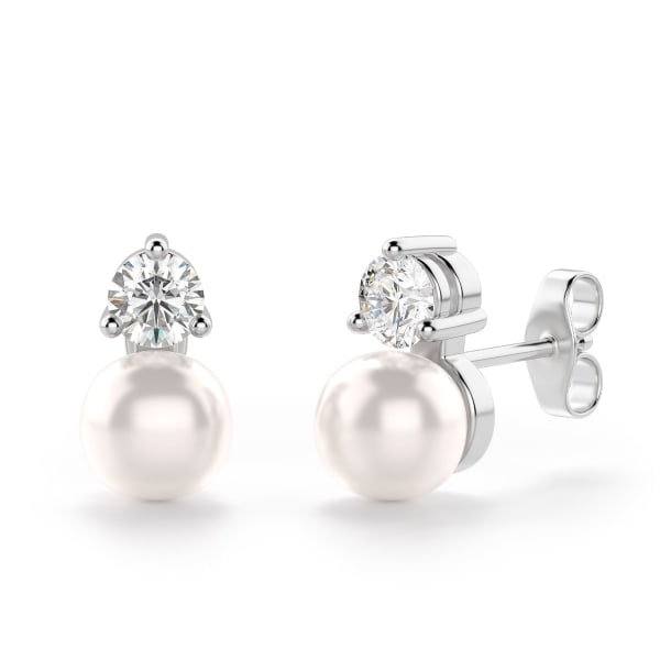 Stacked Pearl Stud Earrings, 14K White Gold, Hover