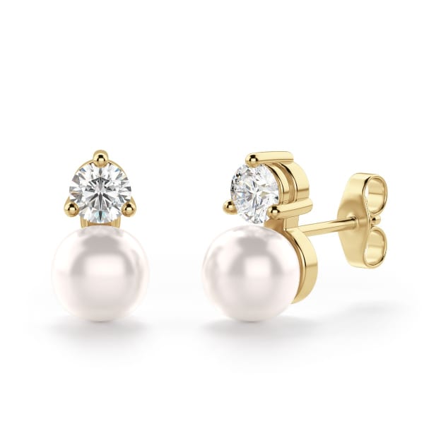 Stacked Pearl Stud Earrings 14K Yellow Gold Nexus Diamond Alternative, Hover