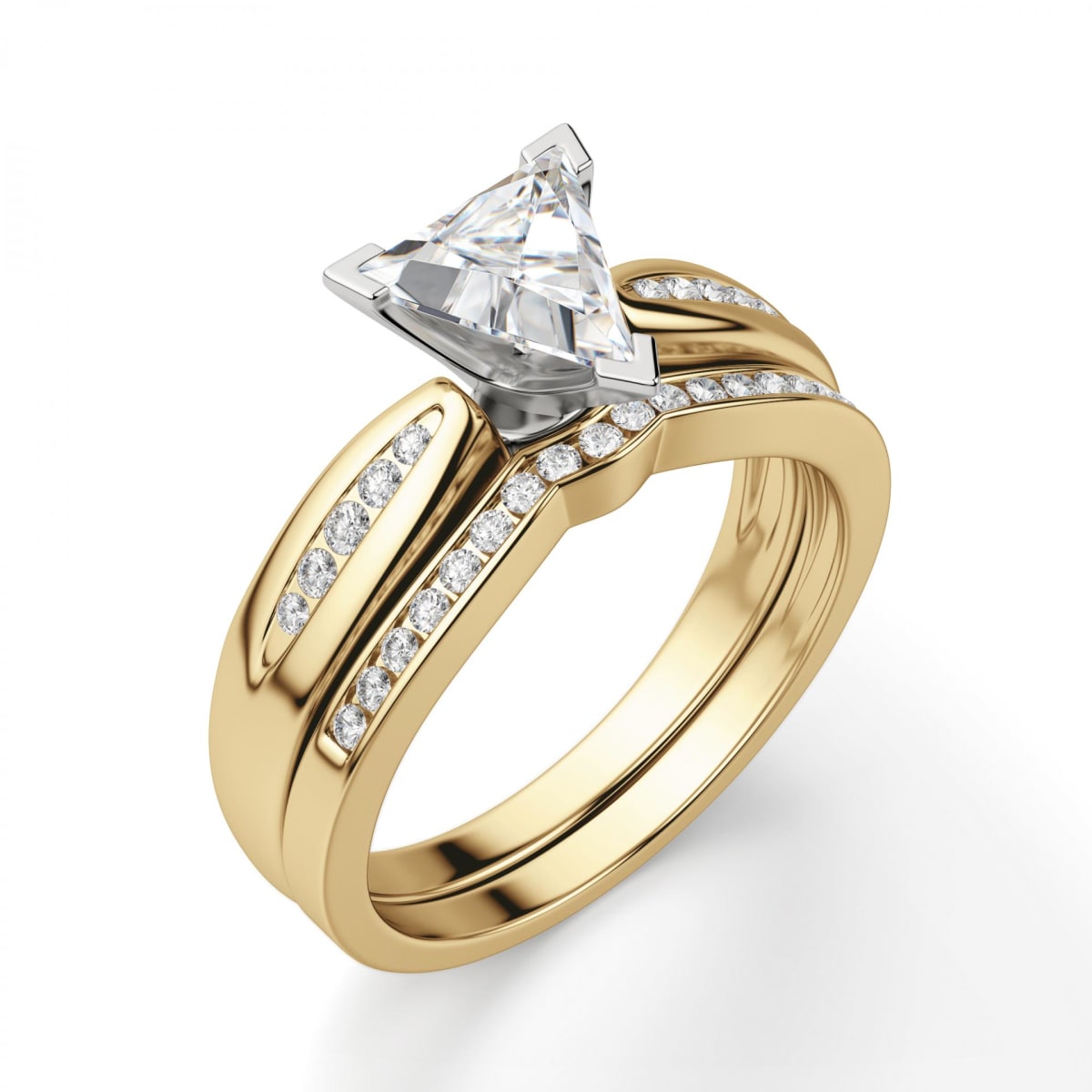 Lizzie Engagement Ring With 2.00 Ct Triangle Center DEW Ring Size 8-9.5 14K Yellow Gold Nexus Diamond Alternative 