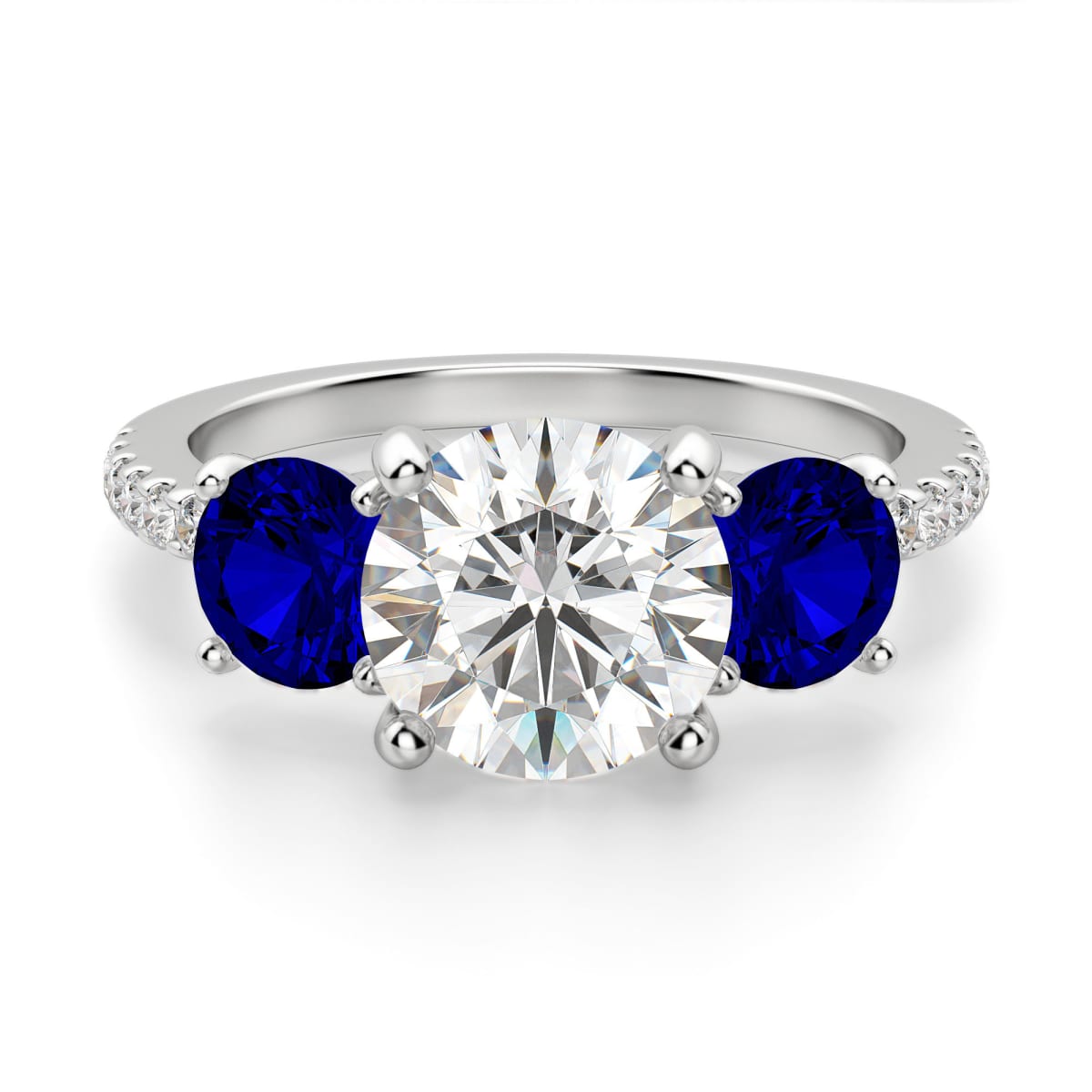 4 Ct. Three Stone Royal Blue Sapphire Ring | Miss Diamond Ring