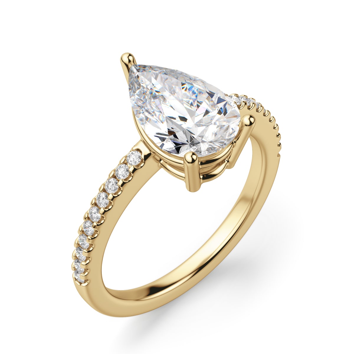 Basket Set Accented Engagement Ring With 2.00 ct Pear Center DEW, Ring Size 7, 14K Yellow Gold, Moissanite