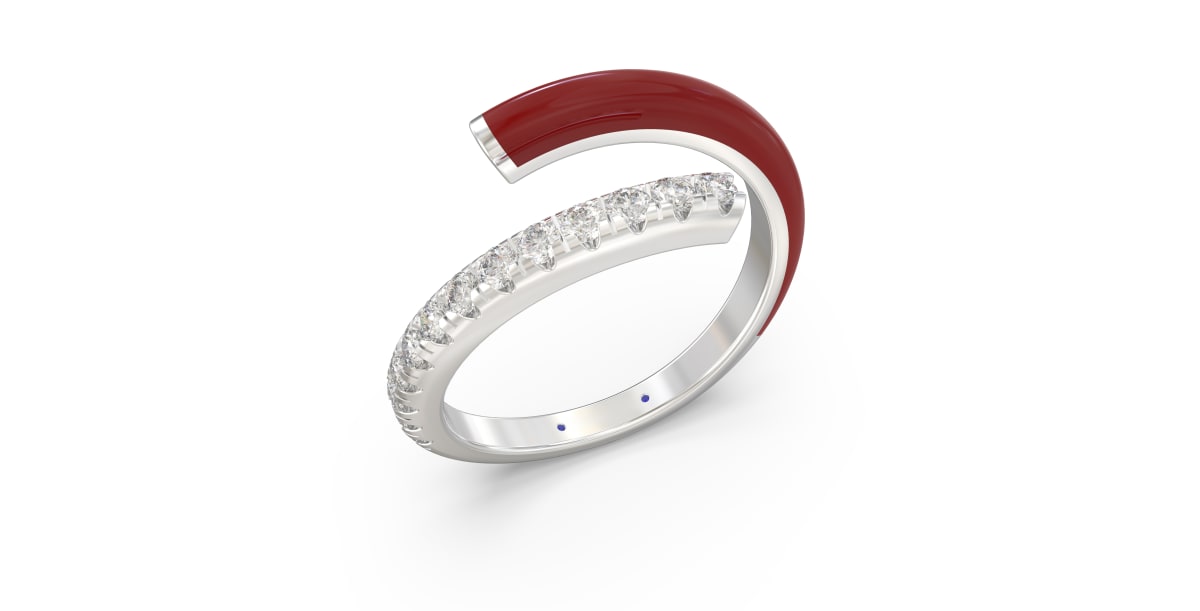 Bypass Ring in Sterling Silver with Single Row of Bright Red Ceramic and Single Row of Lab Grown Diamonds