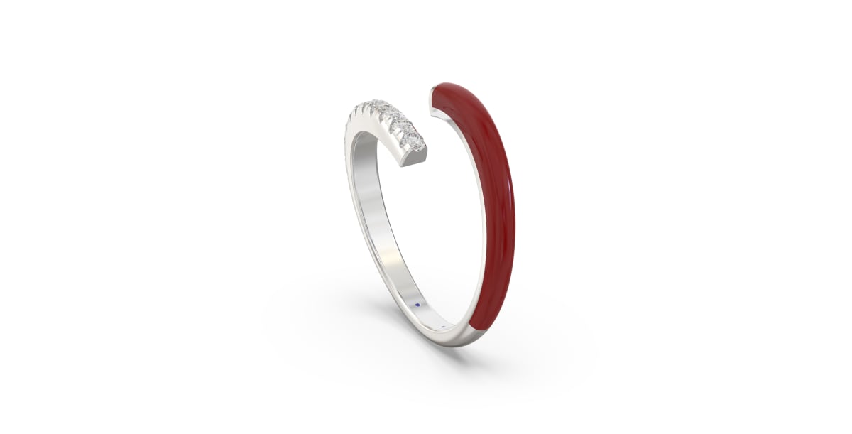 Bypass Ring in Sterling Silver with Single Row of Bright Red Ceramic and Single Row of Lab Grown Diamonds