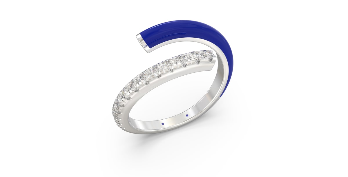 Bypass Ring in Sterling Silver with Single Row of Dark Blue Ceramic and Single Row of Lab Grown Diamonds
