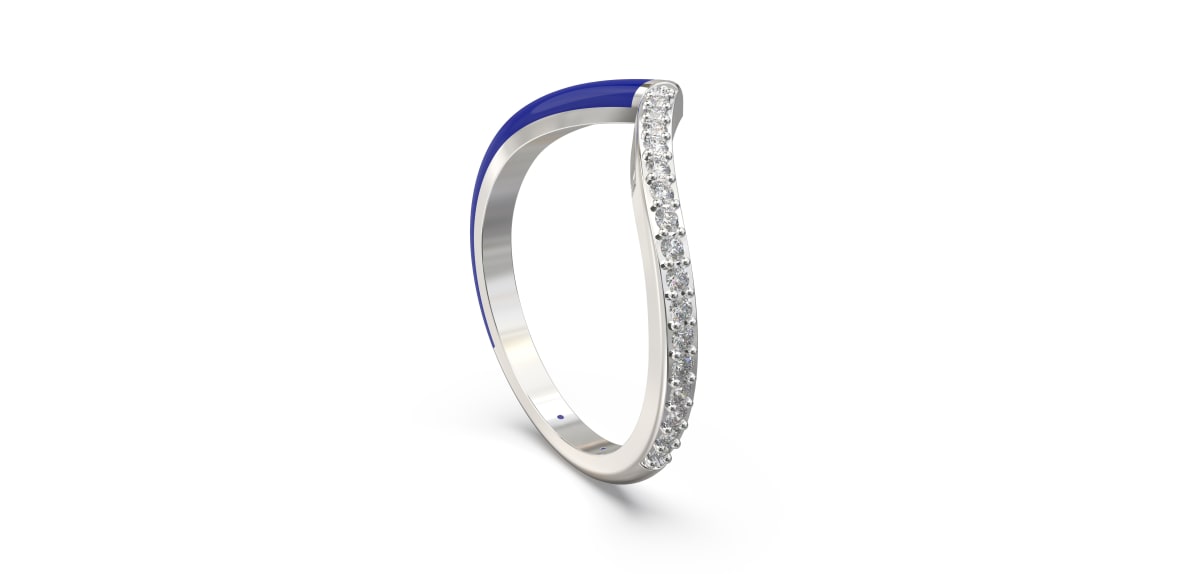 Chevron style Ring in Sterling Silver with Dark Blue Ceramic and Lab Grown Diamond