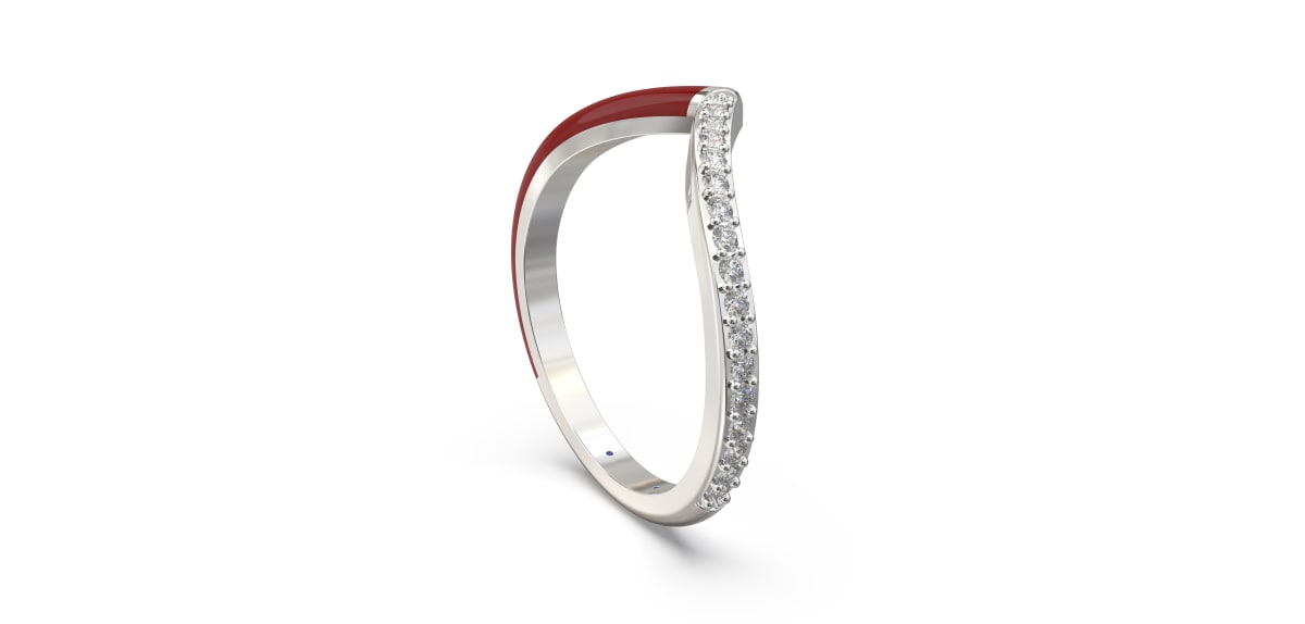 Chevron style Ring in Sterling Silver with Dark Red Ceramic and Lab Grown Diamond
