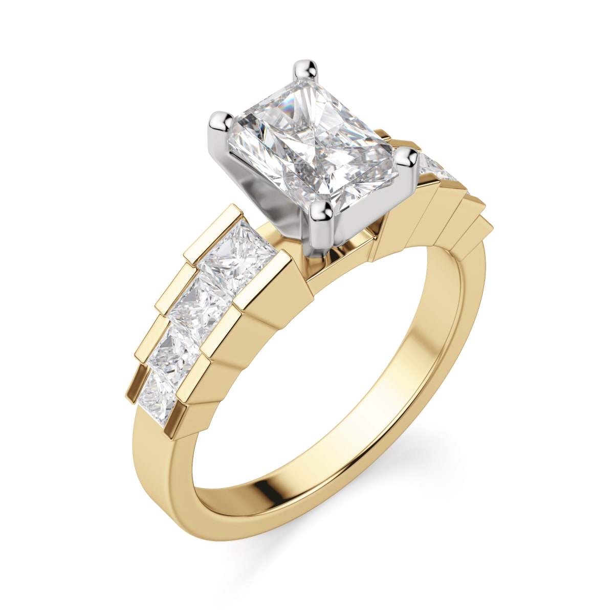 Cinderella Staircase Engagement Ring With 2.50 ct Radiant Center DEW, Ring Size 7.5, 14K Yellow Gold, Moissanite