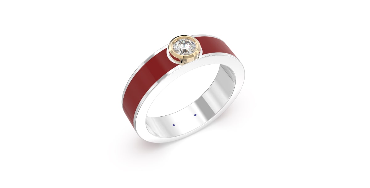 Classic Band in Sterling Silver with Bright Red Ceramic and Round Bezel set Lab Grown Diamond