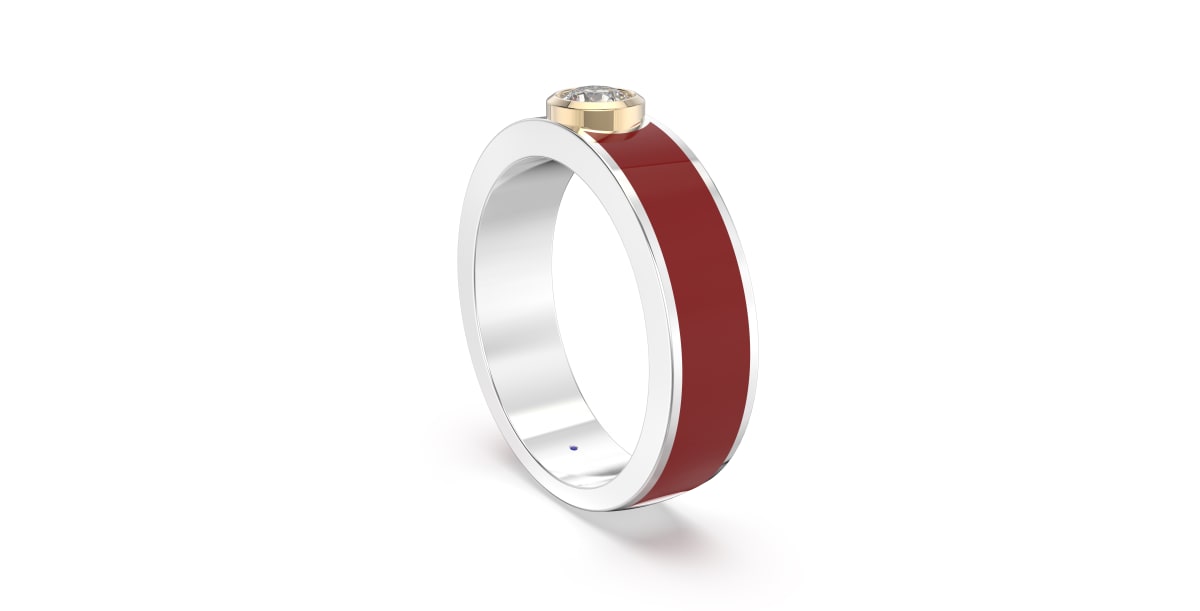 Classic Band in Sterling Silver with Bright Red Ceramic and Round Bezel set Lab Grown Diamond