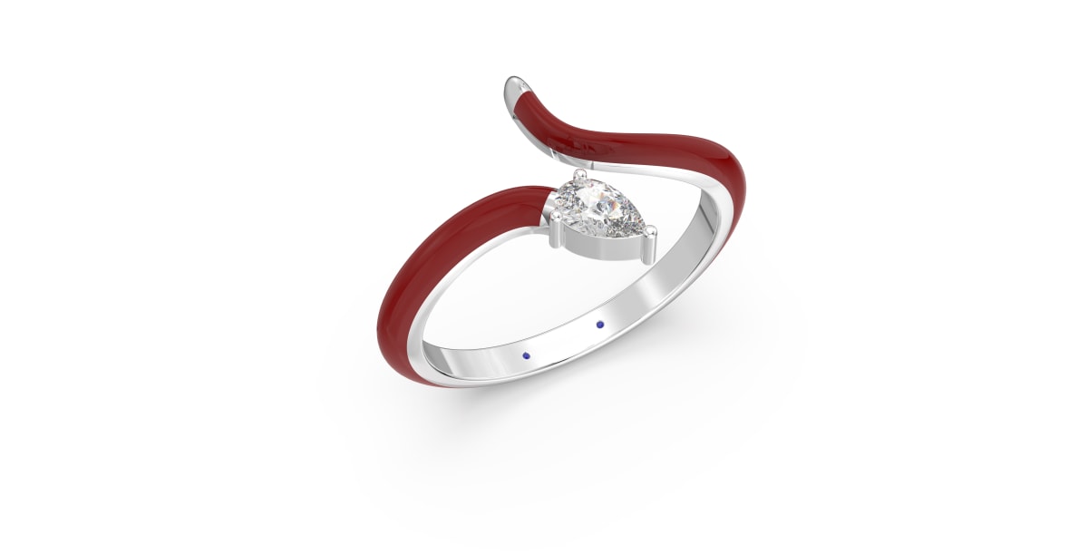 Contemperory Bypass Ring in Sterling Silver with Bright Red Ceramic and Pear Shaped Lab Grown Diamond