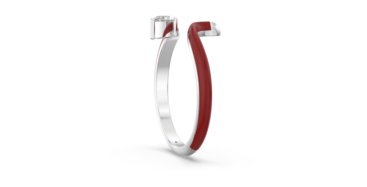 Contemperory Bypass Ring in Sterling Silver with Bright Red Ceramic and Pear Shaped Lab Grown Diamond