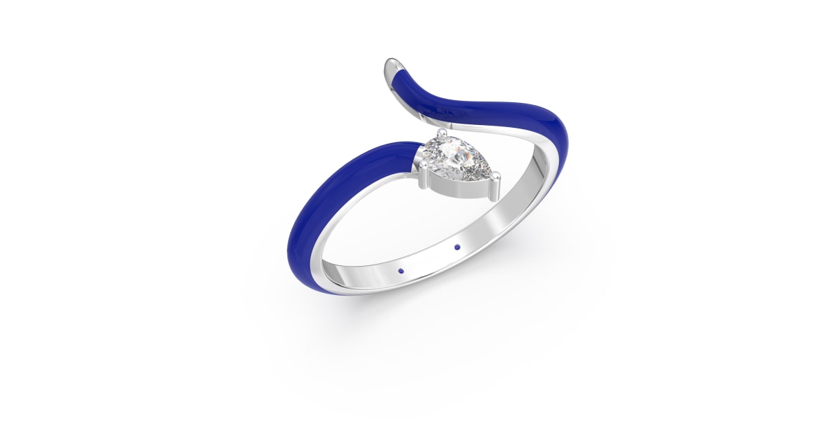 Contemperory Bypass Ring in Sterling Silver with Dark Blue Ceramic and Pear Shaped Lab Grown Diamond