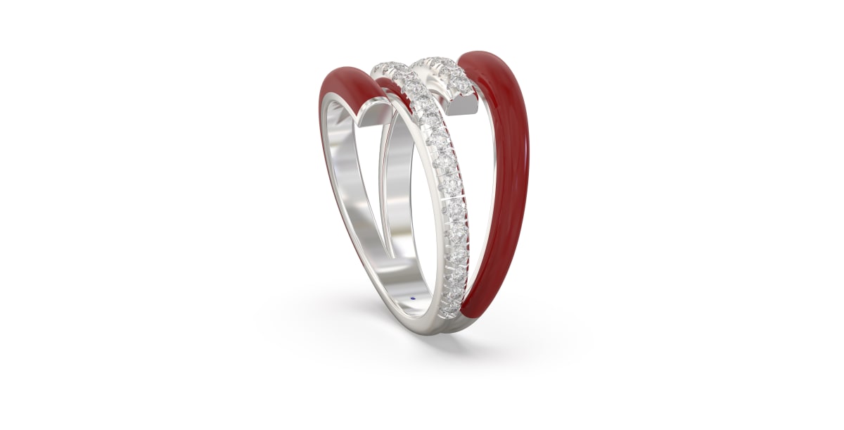 Double Bypass Ring in Sterling Silver with Two Rows of Bright Red Ceramic and Two Rows of Lab Grown Diamonds