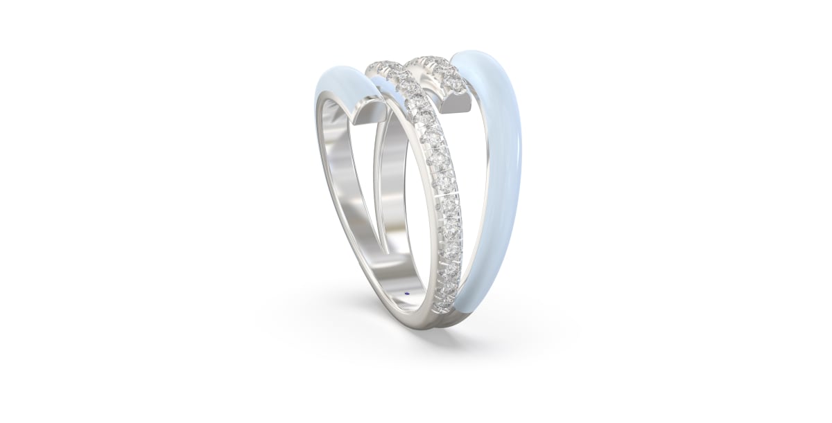 Double Bypass Ring in Sterling Silver with Two Rows of Light Blue Ceramic and Two Rows of Lab Grown Diamonds