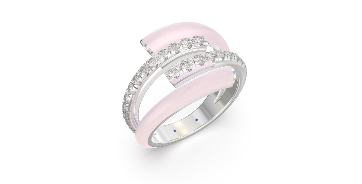 Double Bypass Ring in Sterling Silver with Two Rows of Light Pink Ceramic and Two Rows of Lab Grown Diamonds