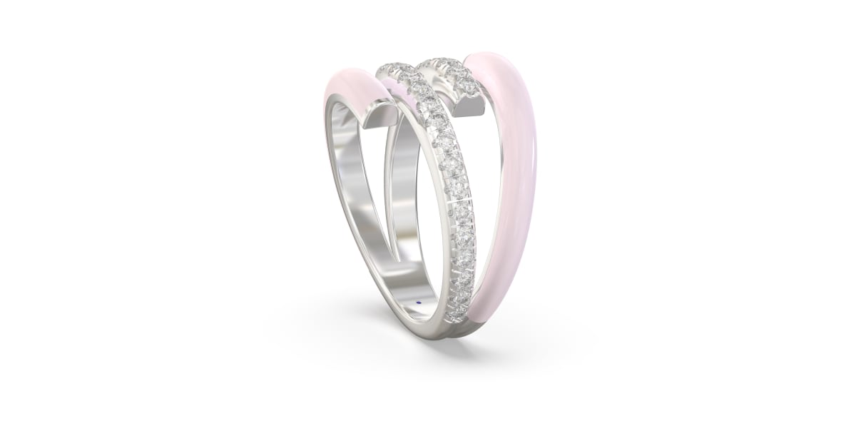 Double Bypass Ring in Sterling Silver with Two Rows of Light Pink Ceramic and Two Rows of Lab Grown Diamonds