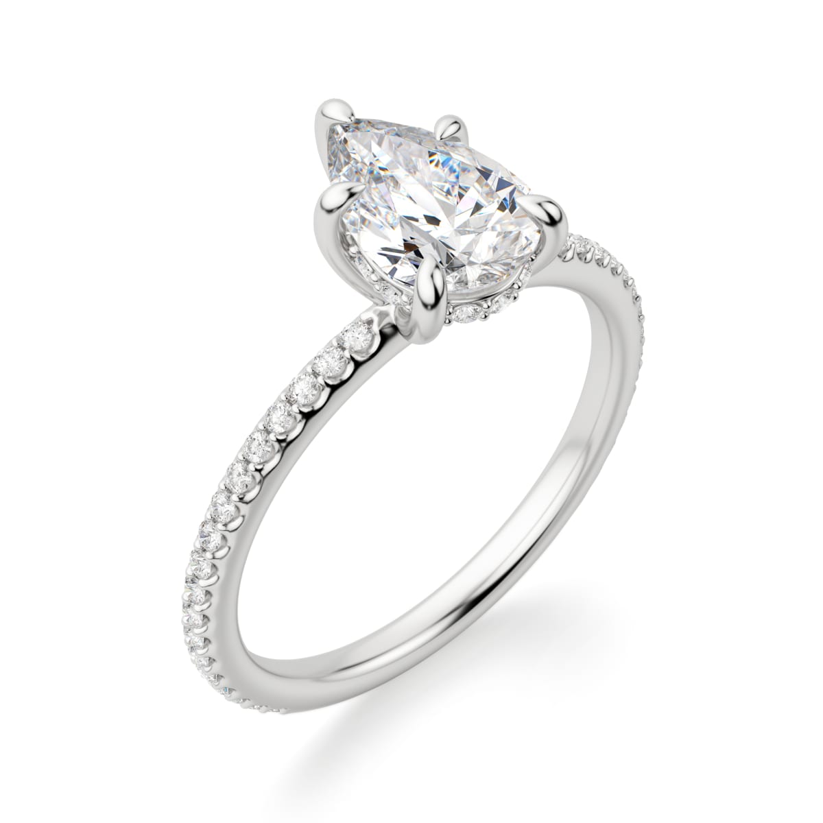 Hidden Halo Accented Engagement Ring With 1.75 ct Pear Center DEW, Ring Size 7.25, 14K White Gold, Moissanite