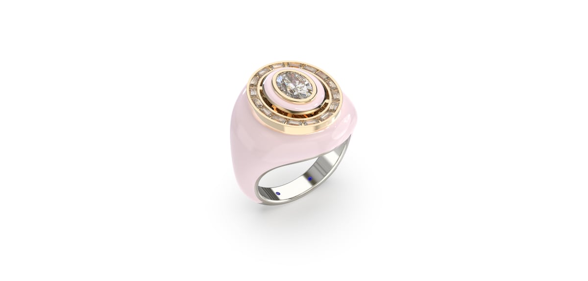 Light Pink Ceramic Ring in Sterling Silver with Oval Cut and Straight Baguette Lab Grown Diamonds