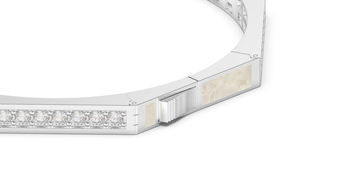 Octagon Shaped Alternting Hinged Bangle in Sterling Silver with Pearl White Ceramic and Lab Grown Diamond