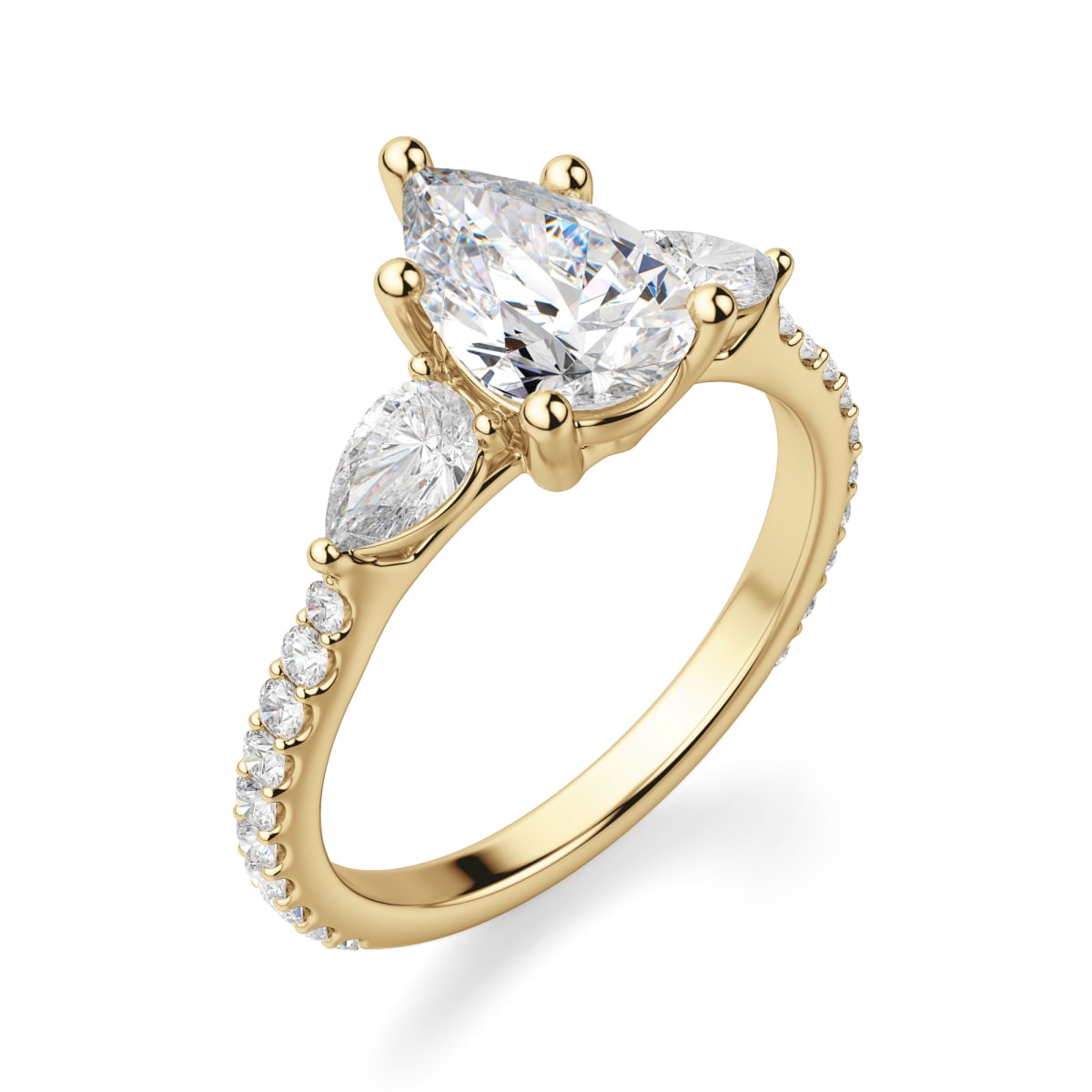 Pear Side Stone Accented Engagement Ring With 2.00 ct Pear Center DEW, Ring Size 4.5, 14K Yellow Gold, Moissanite