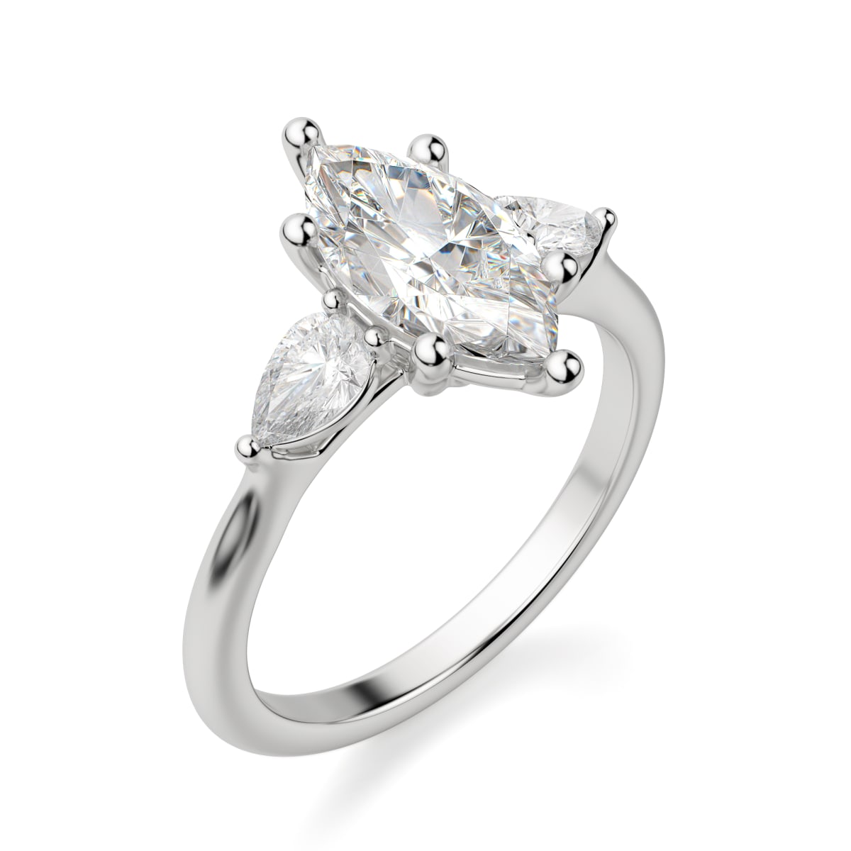 Pear Side Stone Classic Engagement Ring With 3.00 ct Marquise Center DEW, Ring Size 5.25, Platinum, Nexus Diamond Alternative