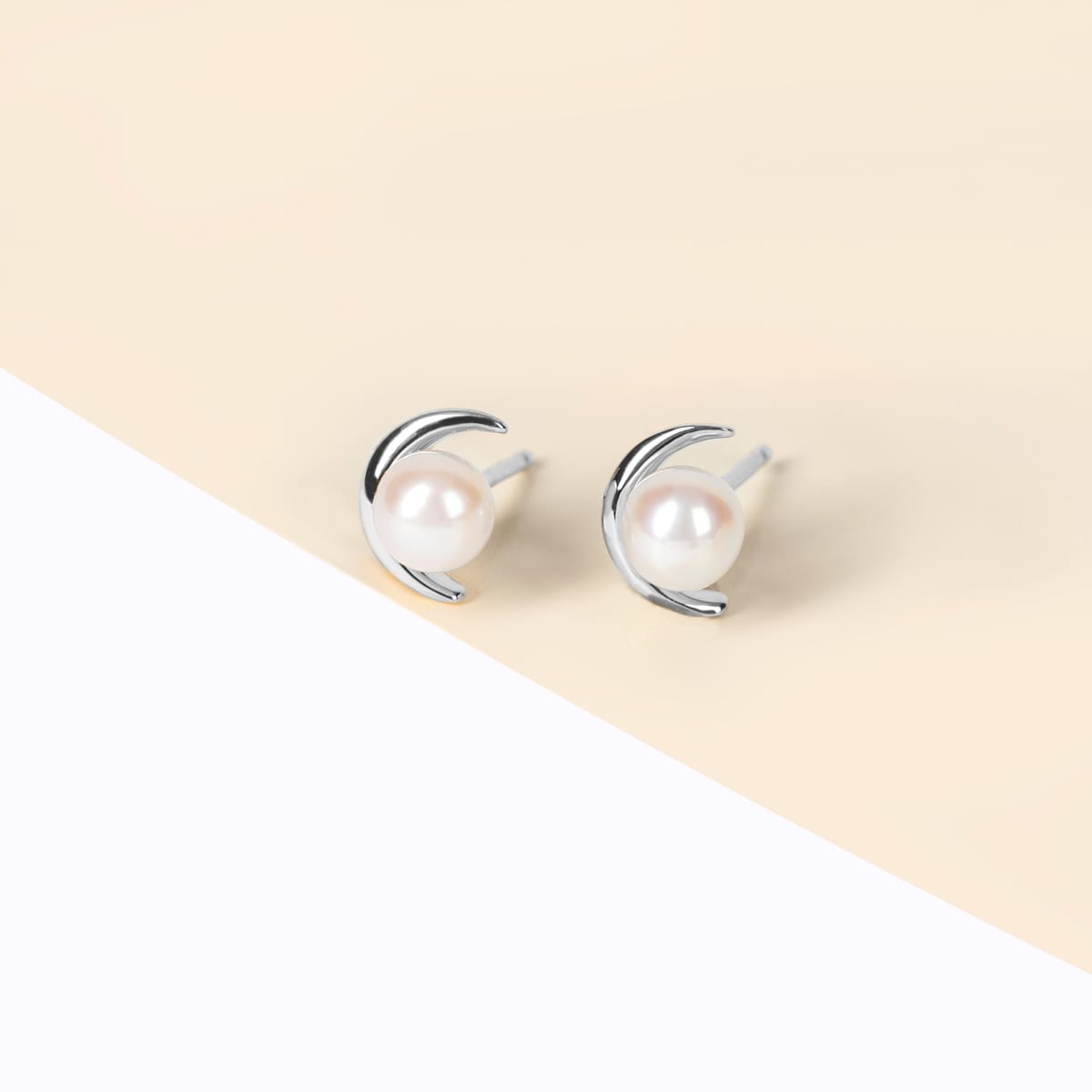 Crescent Pearl Stud Earrings Sterling Silver