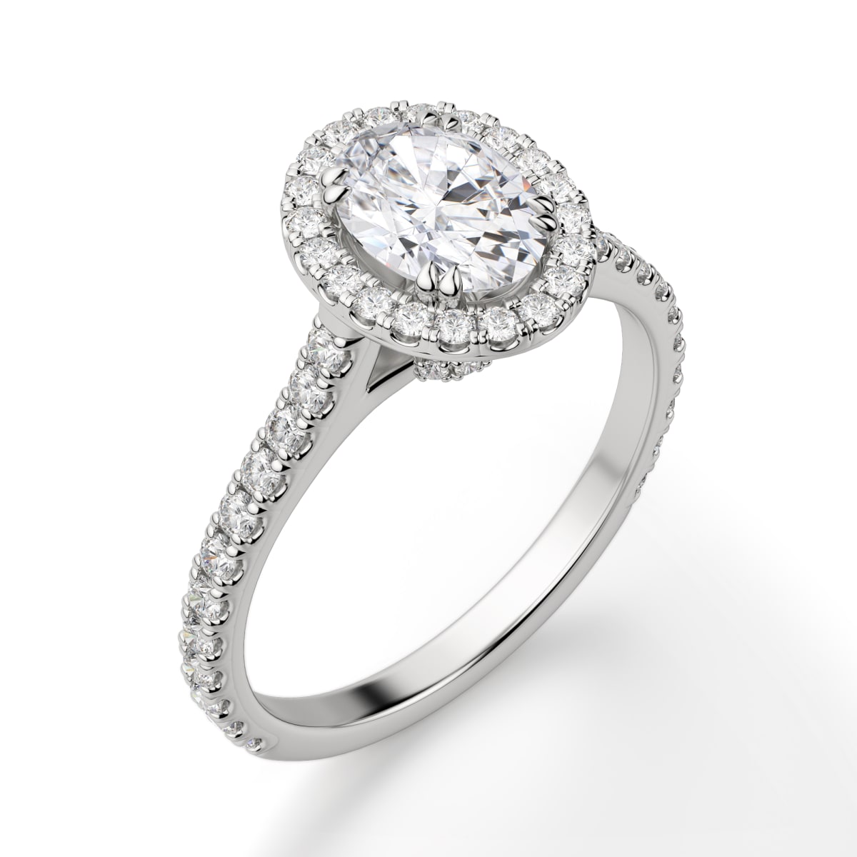 Prague Engagement Ring With 3.50 ct Oval Center DEW, Ring Size 9.5, 14K White Gold, Moissanite