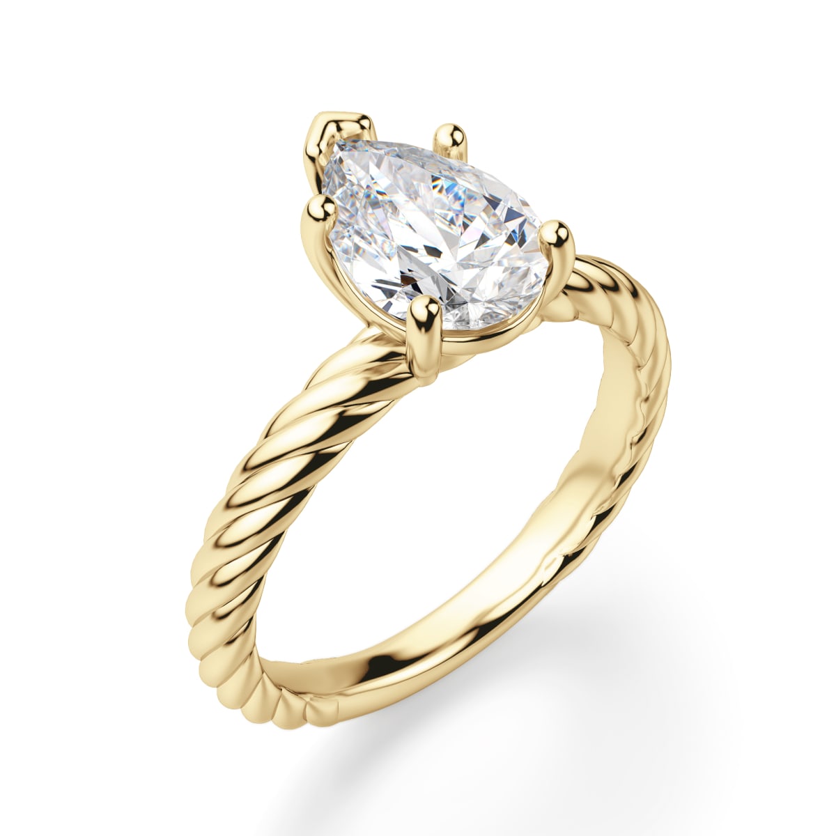 Fiji Engagement Ring With 2.00 ct Pear Center DEW, Ring Size 8, 14K Yellow Gold, Nexus Diamond Alternative