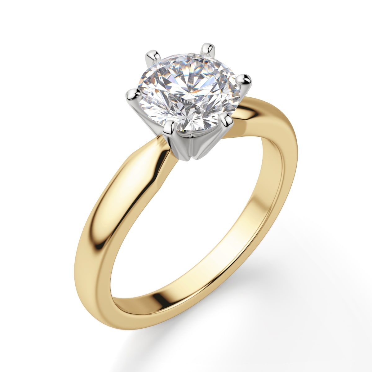 Tapered Solitaire 6-Prong Engagement Ring With 2.00 ct Round Center DEW, Ring Size 4.75, 14K Yellow Gold, Moissanite