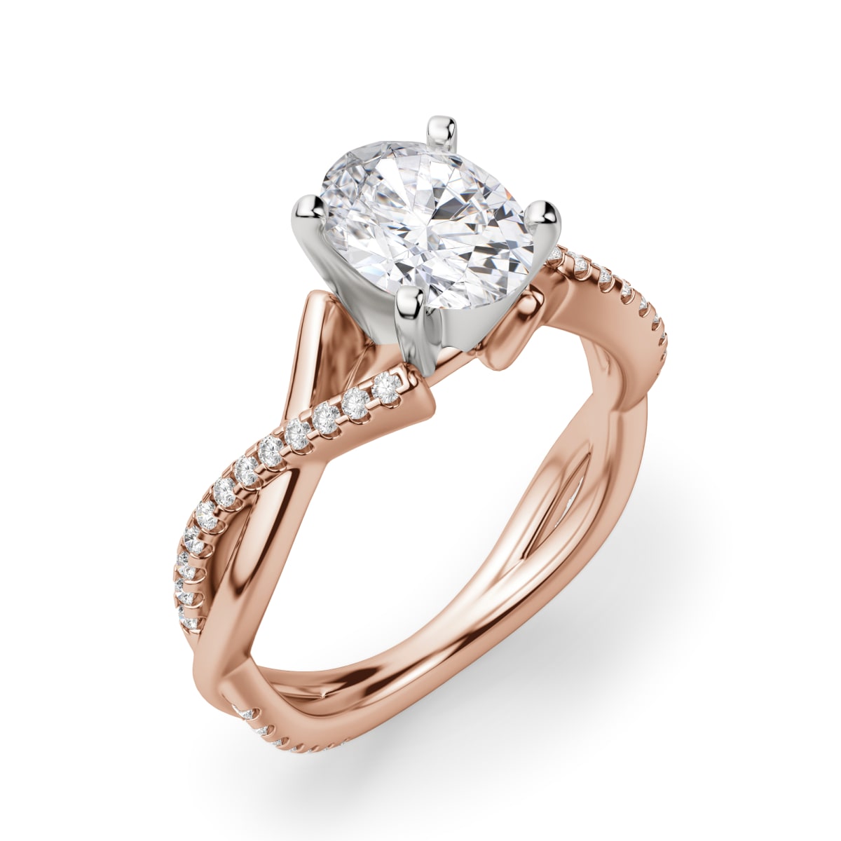 Twisted Accented Engagement Ring With 0.75 ct Oval Center DEW, Ring Size 5.5, 14K Rose Gold, Moissanite