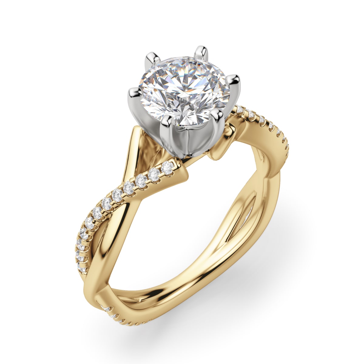 Twisted Accented Engagement Ring With 2.50 ct Round Center DEW, Ring Size 9, 14K Yellow Gold, Moissanite