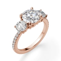 Three Stone Accented Engagement Ring With 2.00 ct Round Center DEW, Ring Size 7.5, 14K Rose Gold, Nexus Diamond Alternative